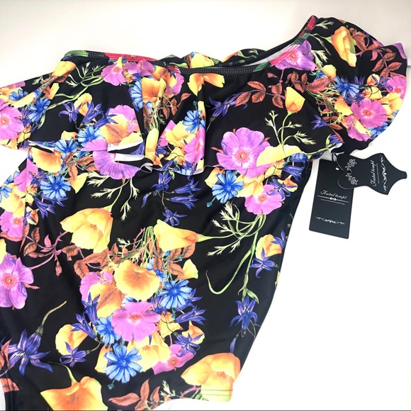 Flower Women’s One Piece Shoulder Swimsuit NWT Black Pink Small - Picture 6 of 16